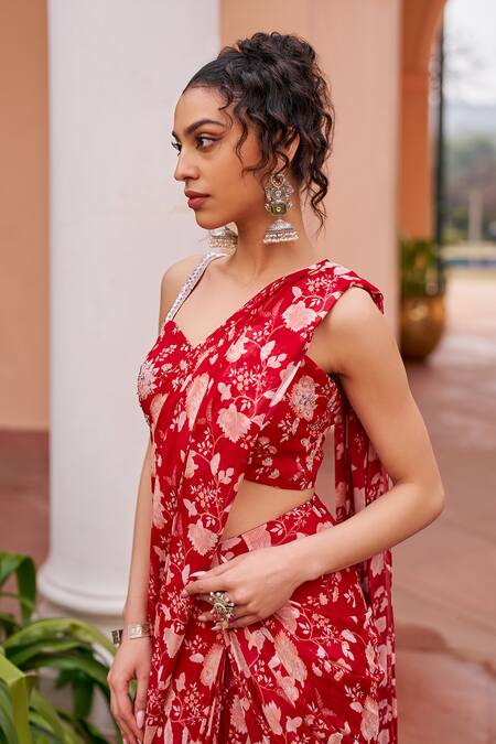 Buy Chhavvi Aggarwal Red Georgette Sequins Sweetheart Floral Vine Print Pre-draped Saree With Blouse Online at Aza Fashions Buy_Chhavvi Aggarwal_Red Georgette Sequins Sweetheart Floral Vine Print Pre-draped Saree With Blouse _Online_at_Aza_Fashions