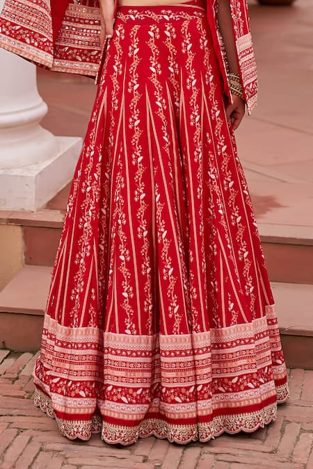 Chhavvi Aggarwal Red Crepe, Georgette Sequins, Beads Floral Vine Print Lehenga Cape Set Online at Aza Fashions Chhavvi Aggarwal_Red Crepe, Georgette Sequins, Beads Floral Vine Print Lehenga Cape Set _Online_at_Aza_Fashions