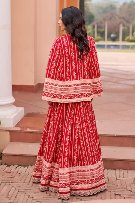 Shop Chhavvi Aggarwal Red Crepe, Georgette Sequins, Beads Floral Vine Print Lehenga Cape Set at Aza Fashions Shop_Chhavvi Aggarwal_Red Crepe, Georgette Sequins, Beads Floral Vine Print Lehenga Cape Set _at_Aza_Fashions