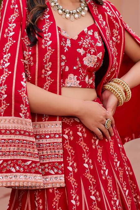 Buy Chhavvi Aggarwal Red Crepe, Georgette Sequins, Beads Floral Vine Print Lehenga Cape Set Online at Aza Fashions Buy_Chhavvi Aggarwal_Red Crepe, Georgette Sequins, Beads Floral Vine Print Lehenga Cape Set _Online_at_Aza_Fashions