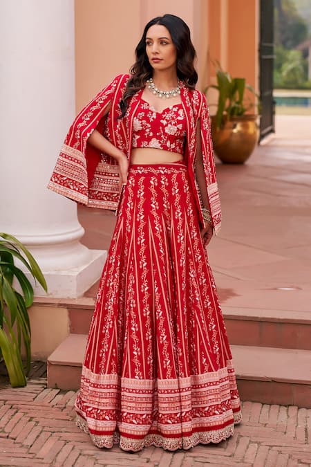 Chhavvi Aggarwal Red Crepe, Georgette Sequins, Beads Floral Vine Print Lehenga Cape Set at Aza Fashions Chhavvi Aggarwal_Red Crepe, Georgette Sequins, Beads Floral Vine Print Lehenga Cape Set _at_Aza_Fashions