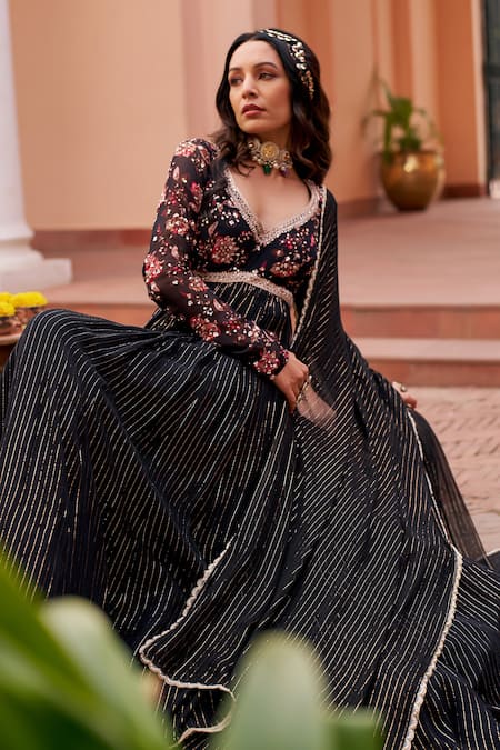 Buy Chhavvi Aggarwal Black Georgette Sequins, Embroidery V-neck Blossom Pattern Anarkali With Dupatta Online at Aza Fashions Buy_Chhavvi Aggarwal_Black Georgette Sequins, Embroidery V-neck Blossom Pattern Anarkali With Dupatta _Online_at_Aza_Fashions