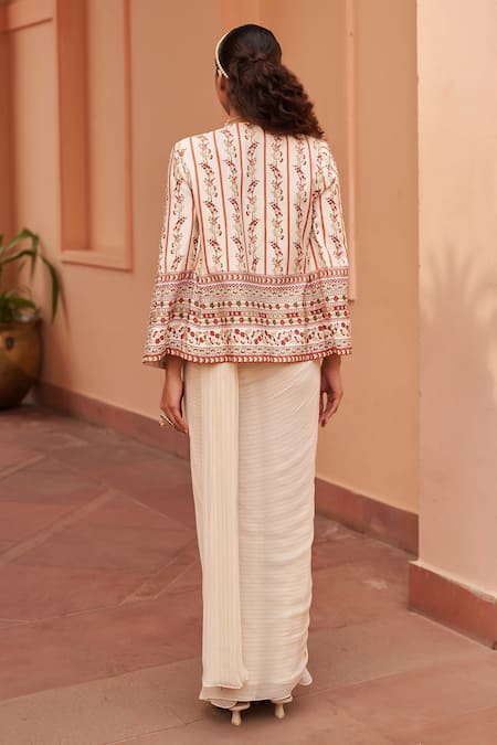 Shop Chhavvi Aggarwal Ivory Georgette Embroidery Stripe Pattern Pre-draped Saree Set With Printed Cape at Aza Fashions Shop_Chhavvi Aggarwal_Ivory Georgette Embroidery Stripe Pattern Pre-draped Saree Set With Printed Cape _at_Aza_Fashions