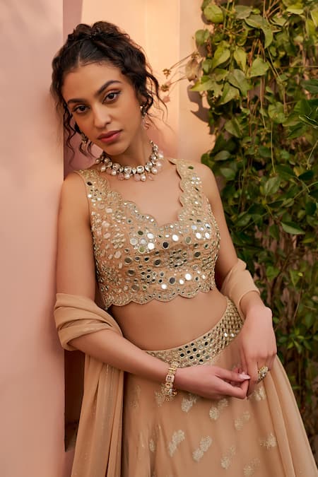 Shop Chhavvi Aggarwal Beige Tissue, Georgette Embroidery, Blossom Pattern Lehenga Set With Blouse Online at Aza Fashions Shop_Chhavvi Aggarwal_Beige Tissue, Georgette Embroidery, Blossom Pattern Lehenga Set With Blouse _Online_at_Aza_Fashions