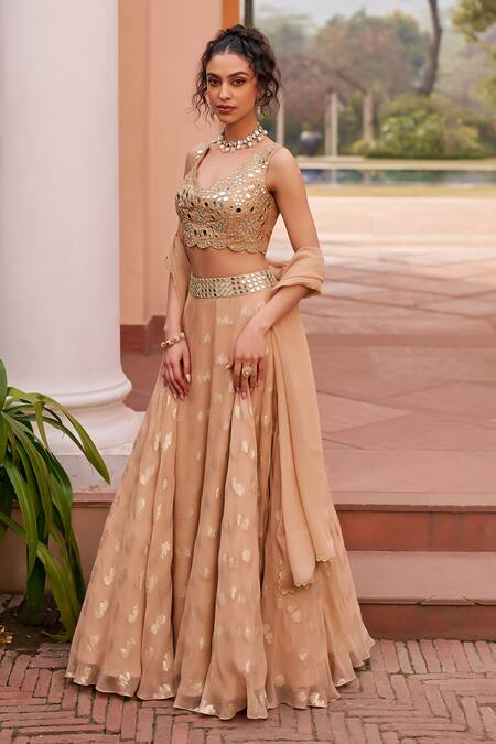 Chhavvi Aggarwal Beige Tissue, Georgette Embroidery, Blossom Pattern Lehenga Set With Blouse at Aza Fashions Chhavvi Aggarwal_Beige Tissue, Georgette Embroidery, Blossom Pattern Lehenga Set With Blouse _at_Aza_Fashions