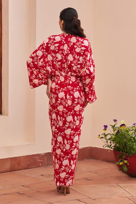 Shop Chhavvi Aggarwal Red Crepe Sequins, Beads V-neck Floral Print Draped Kaftan at Aza Fashions Shop_Chhavvi Aggarwal_Red Crepe Sequins, Beads V-neck Floral Print Draped Kaftan _at_Aza_Fashions