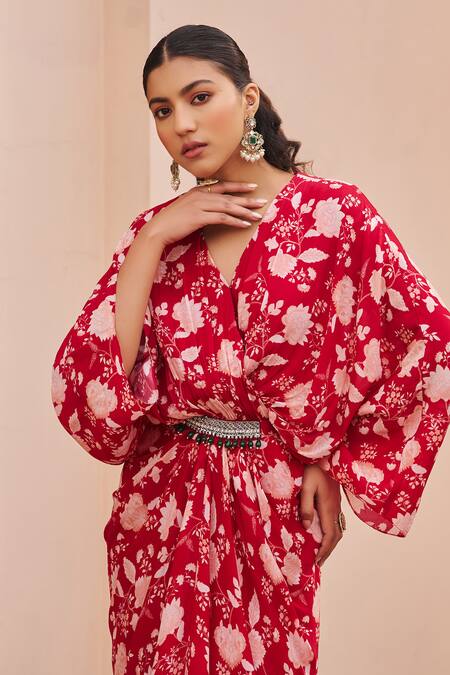 Chhavvi Aggarwal Red Crepe Sequins, Beads V-neck Floral Print Draped Kaftan Online at Aza Fashions Chhavvi Aggarwal_Red Crepe Sequins, Beads V-neck Floral Print Draped Kaftan _Online_at_Aza_Fashions