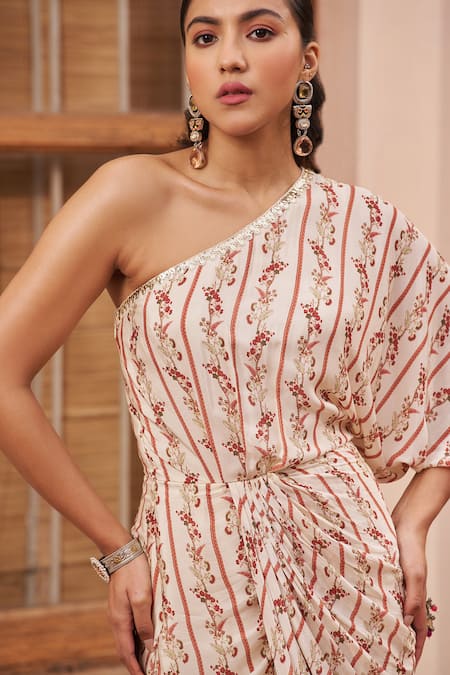 Chhavvi Aggarwal_Ivory Crepe Embroidery, Sequins One Shoulder Floral Vine Print Dress _Online_at_Aza_Fashions