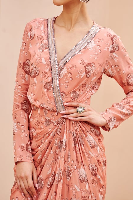 Chhavvi Aggarwal Pink Crepe Sequins, Beads V-neck Floral Vine Print Draped Dress Online at Aza Fashions Chhavvi Aggarwal_Pink Crepe Sequins, Beads V-neck Floral Vine Print Draped Dress _Online_at_Aza_Fashions