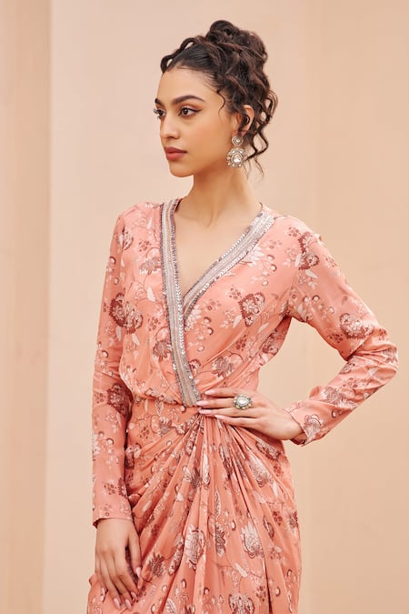 Buy Chhavvi Aggarwal Pink Crepe Sequins, Beads V-neck Floral Vine Print Draped Dress Online at Aza Fashions Buy_Chhavvi Aggarwal_Pink Crepe Sequins, Beads V-neck Floral Vine Print Draped Dress _Online_at_Aza_Fashions