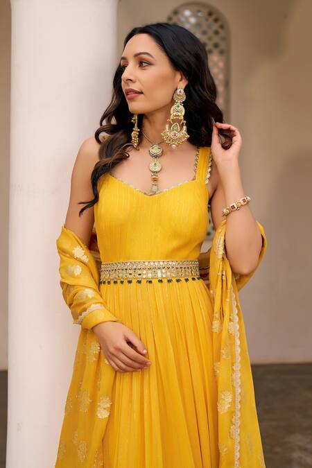 Chhavvi Aggarwal Yellow Georgette Sequins, Embroidery V-neck Stripe Pattern Anarkali With Dupatta Online at Aza Fashions Chhavvi Aggarwal_Yellow Georgette Sequins, Embroidery V-neck Stripe Pattern Anarkali With Dupatta _Online_at_Aza_Fashions