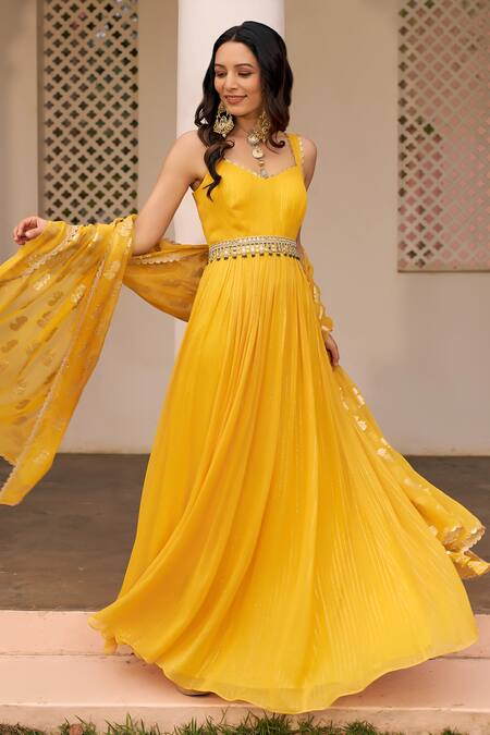 Shop Chhavvi Aggarwal Yellow Georgette Sequins, Embroidery V-neck Stripe Pattern Anarkali With Dupatta Online at Aza Fashions Shop_Chhavvi Aggarwal_Yellow Georgette Sequins, Embroidery V-neck Stripe Pattern Anarkali With Dupatta _Online_at_Aza_Fashions