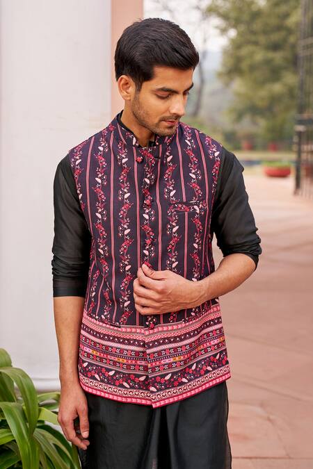 Chhavvi Aggarwal Black Chanderi Silk, Cotton Embroidery Bloom Vine Print Bundi Kurta Set Online at Aza Fashions Chhavvi Aggarwal_Black Chanderi Silk, Cotton Embroidery Bloom Vine Print Bundi Kurta Set _Online_at_Aza_Fashions