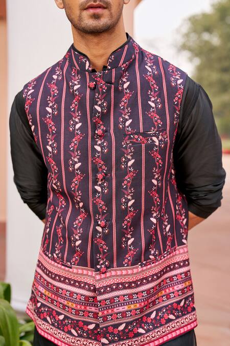 Shop Chhavvi Aggarwal Black Chanderi Silk, Cotton Embroidery Bloom Vine Print Bundi Kurta Set Online at Aza Fashions Shop_Chhavvi Aggarwal_Black Chanderi Silk, Cotton Embroidery Bloom Vine Print Bundi Kurta Set _Online_at_Aza_Fashions