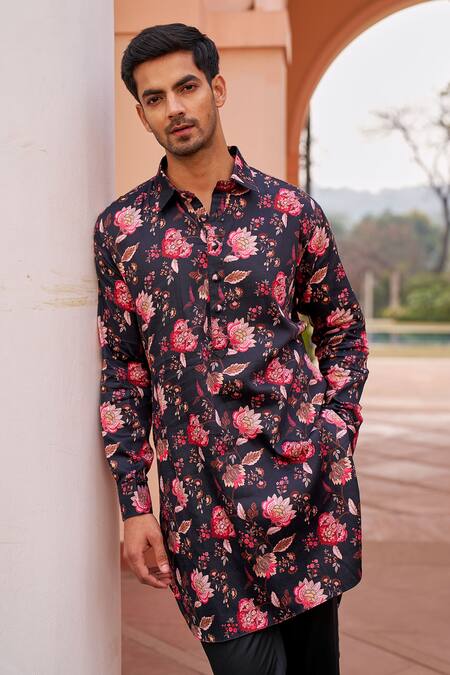 Buy Chhavvi Aggarwal Black Chanderi Silk, Gingham, Cotton Floral Print Collared Kurta With Pant Online at Aza Fashions Buy_Chhavvi Aggarwal_Black Chanderi Silk, Gingham, Cotton Floral Print Collared Kurta With Pant _Online_at_Aza_Fashions