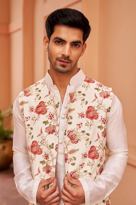 Buy Chhavvi Aggarwal Ivory Chanderi Silk, Cotton Gardenia Print Bundi Kurta Set Online at Aza Fashions Buy_Chhavvi Aggarwal_Ivory Chanderi Silk, Cotton Gardenia Print Bundi Kurta Set _Online_at_Aza_Fashions