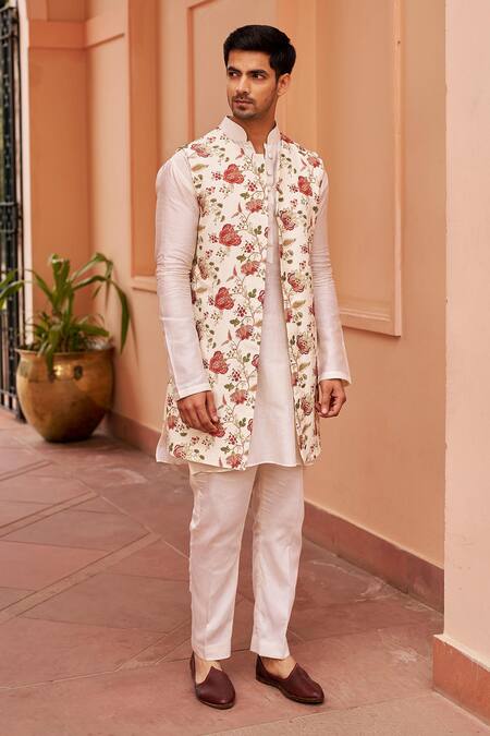 Shop Chhavvi Aggarwal Ivory Chanderi Silk, Cotton Gardenia Print Bundi Kurta Set Online at Aza Fashions Shop_Chhavvi Aggarwal_Ivory Chanderi Silk, Cotton Gardenia Print Bundi Kurta Set _Online_at_Aza_Fashions