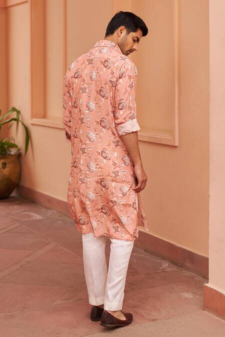 Shop Chhavvi Aggarwal Pink Crepe, Cotton Gardenia Bloom Print Collared Kurta With Pant at Aza Fashions Shop_Chhavvi Aggarwal_Pink Crepe, Cotton Gardenia Bloom Print Collared Kurta With Pant _at_Aza_Fashions