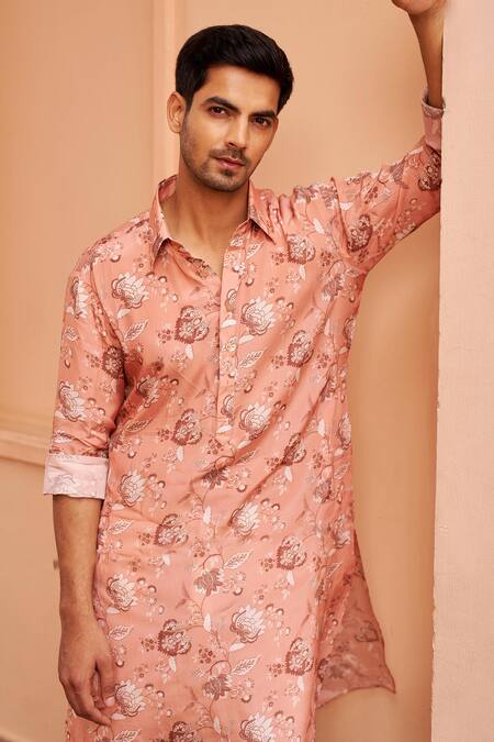 Buy Chhavvi Aggarwal Pink Crepe, Cotton Gardenia Bloom Print Collared Kurta With Pant Online at Aza Fashions Buy_Chhavvi Aggarwal_Pink Crepe, Cotton Gardenia Bloom Print Collared Kurta With Pant _Online_at_Aza_Fashions
