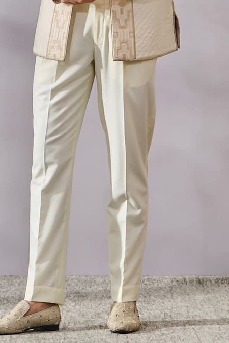 Tarun Tahiliani_Ivory Chanderi Jacquard Textured Geometric Bandhgala And Trouser Set _Online_at_Aza_Fashions