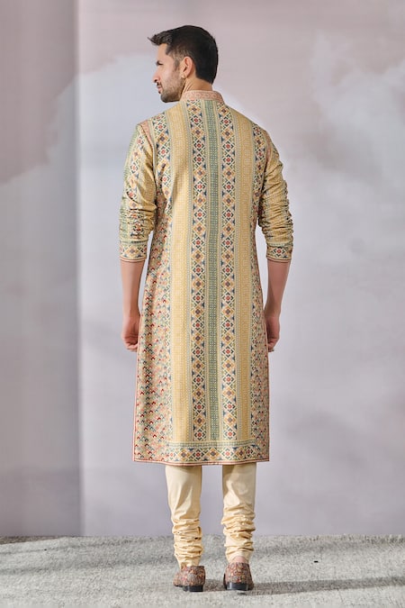 Shop_Tarun Tahiliani_Beige Poplin, Lycra, Tussar, Silk Embroidery Kasheeda Print Kurta Set _at_Aza_Fashions