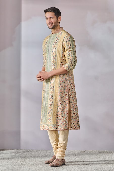 Tarun Tahiliani_Beige Poplin, Lycra, Tussar, Silk Embroidery Kasheeda Print Kurta Set _Online_at_Aza_Fashions