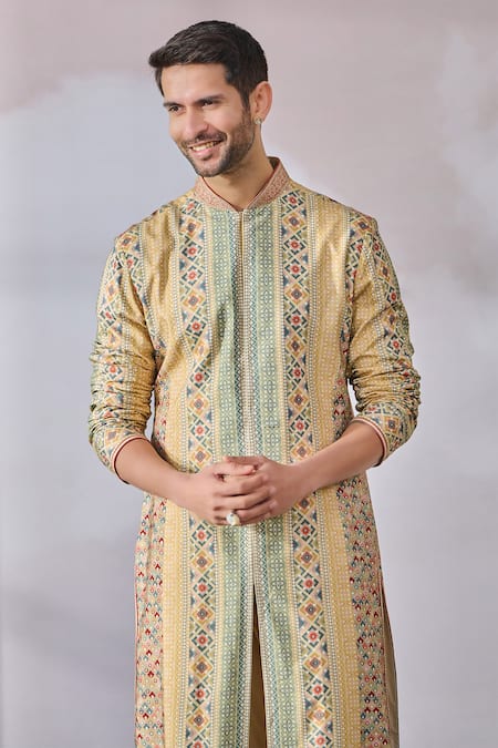 Buy_Tarun Tahiliani_Beige Poplin, Lycra, Tussar, Silk Embroidery Kasheeda Print Kurta Set _Online_at_Aza_Fashions