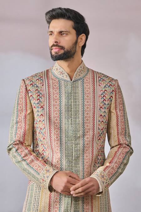 Tarun Tahiliani_Beige Linen, Viscose, Cotton Embroidery Kasheeda Sherwani Set _Online_at_Aza_Fashions