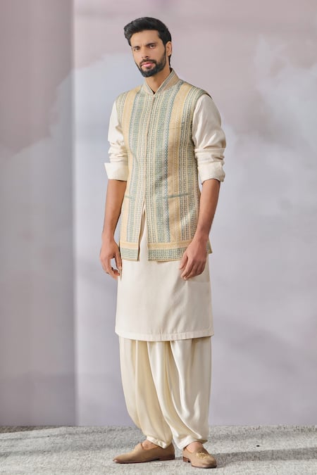 Tarun Tahiliani_Beige Linen Pearls, Embroidery Printed Waistcoat _Online_at_Aza_Fashions