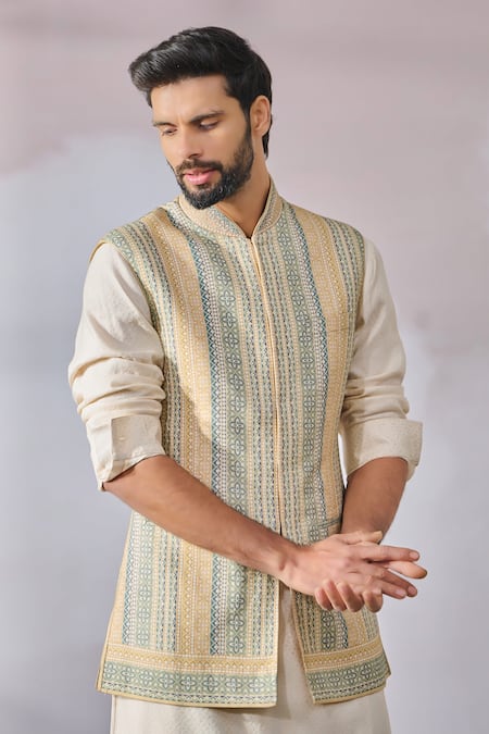 Buy_Tarun Tahiliani_Beige Linen Pearls, Embroidery Printed Waistcoat _Online_at_Aza_Fashions
