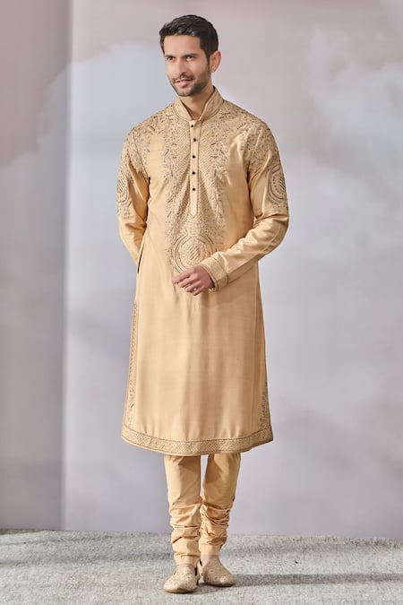 Tarun Tahiliani Gold Tussar Viscose Slub Embroidered Zari Zardozi Kurta Set 