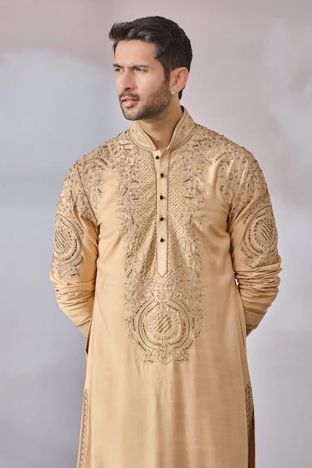 Shop Tarun Tahiliani Gold Tussar, Cotton Embroidery Zardozi Kurta Set Online at Aza Fashions Shop_Tarun Tahiliani_Gold Tussar, Cotton Embroidery Zardozi Kurta Set _Online_at_Aza_Fashions
