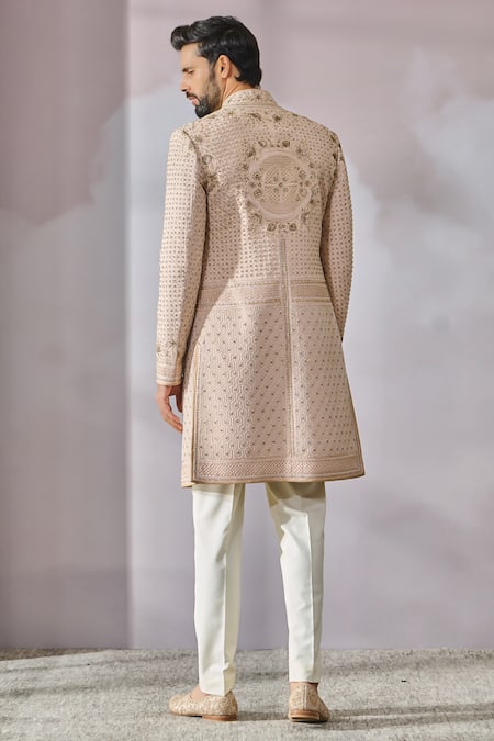 Shop_Tarun Tahiliani_Pink Georgette, Suede, Cotton Pearls, Embroidery Sherwani And Textured Kurta Set _at_Aza_Fashions