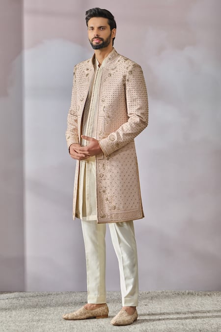 Tarun Tahiliani_Pink Georgette, Suede, Cotton Pearls, Embroidery Sherwani And Textured Kurta Set _Online_at_Aza_Fashions