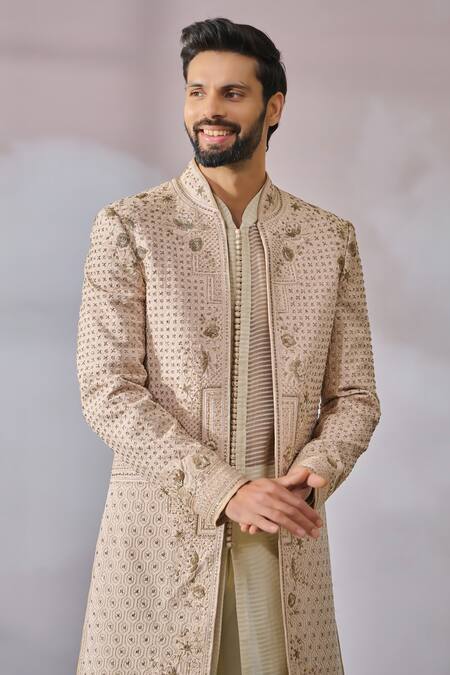 Shop_Tarun Tahiliani_Pink Georgette, Suede, Cotton Pearls, Embroidery Sherwani And Textured Kurta Set _Online_at_Aza_Fashions