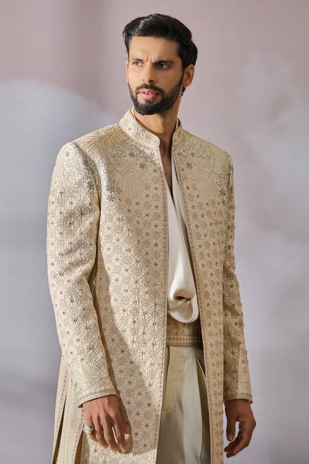 Buy Tarun Tahiliani Ivory Silk Dupion Embroidered Geometric Panel Sherwani Trouser Set Online at Aza Fashions Buy_Tarun Tahiliani_Ivory Silk Dupion Embroidered Geometric Panel Sherwani Trouser Set _Online_at_Aza_Fashions