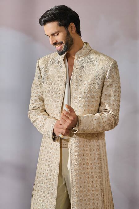 Shop Tarun Tahiliani Ivory Silk Dupion Embroidered Geometric Panel Sherwani Trouser Set Online at Aza Fashions Shop_Tarun Tahiliani_Ivory Silk Dupion Embroidered Geometric Panel Sherwani Trouser Set _Online_at_Aza_Fashions