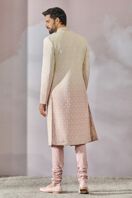 Shop_Tarun Tahiliani_Beige Suede, Silk, Cotton Embroidery Floral Jaal Ombre Sherwani Set _at_Aza_Fashions