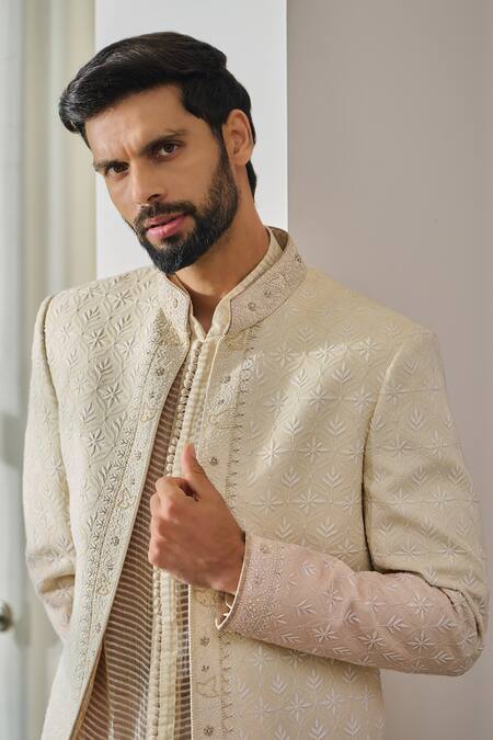 Tarun Tahiliani_Beige Suede, Silk, Cotton Embroidery Floral Jaal Ombre Sherwani Set _Online_at_Aza_Fashions