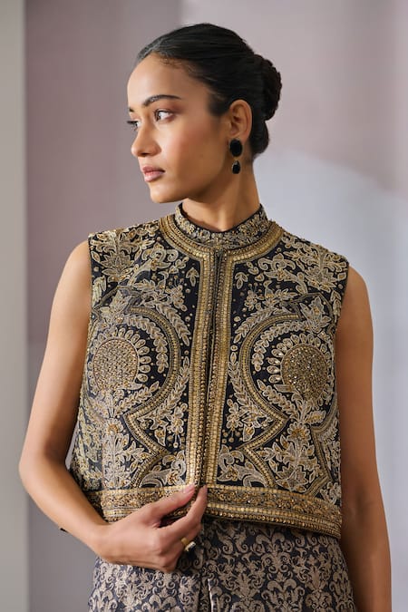 Tarun Tahiliani Black Brocade Embroidered Round Gilet Online at Aza Fashions Tarun Tahiliani_Black Brocade Embroidered Round Gilet _Online_at_Aza_Fashions