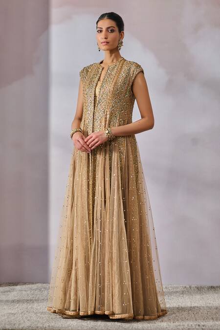 Tarun Tahiliani_Multi Color Muslin, Brocade Mirrors, Sequins, Embroidery Jacket And Trouser Set _Online_at_Aza_Fashions