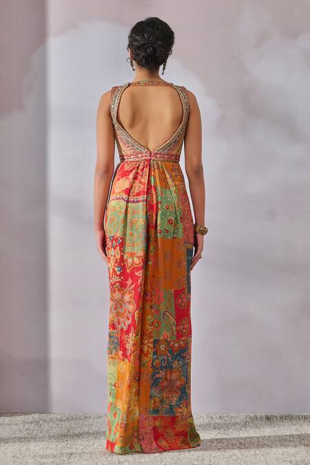 Shop_Tarun Tahiliani_Multi Color Double Viscose Georgette Printed Phulkari Sweetheart Draped Jumpsuit_at_Aza_Fashions