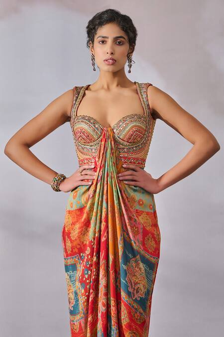 Tarun Tahiliani_Multi Color Double Viscose Georgette Printed Phulkari Sweetheart Draped Jumpsuit_Online_at_Aza_Fashions
