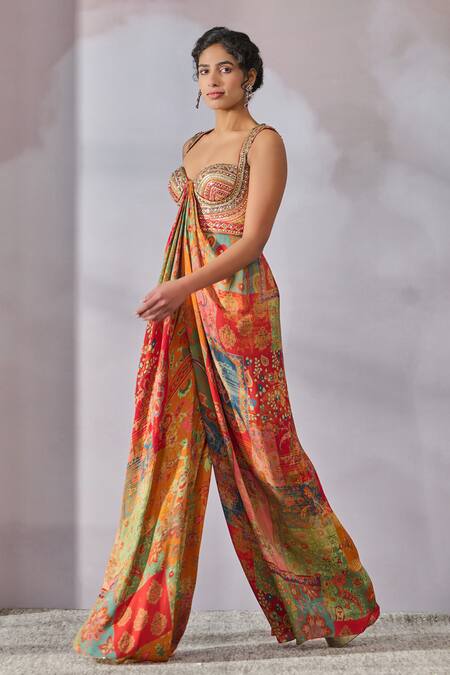 Buy_Tarun Tahiliani_Multi Color Double Viscose Georgette Printed Phulkari Sweetheart Draped Jumpsuit_Online_at_Aza_Fashions