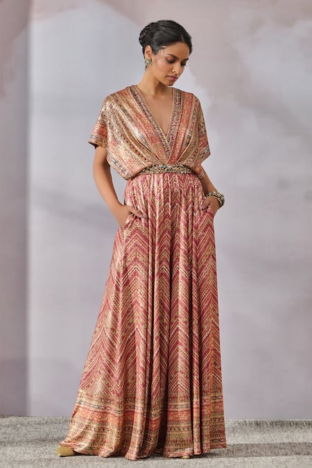 Tarun Tahiliani Red Foil Jersey Printed Phulkari Plunged V And Embroidered Draped Jumpsuit