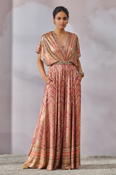 Tarun Tahiliani_Red Foil Jersey Printed Phulkari Plunged V And Embroidered Draped Jumpsuit _Online_at_Aza_Fashions