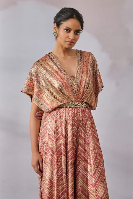 Buy_Tarun Tahiliani_Red Foil Jersey Printed Phulkari Plunged V And Embroidered Draped Jumpsuit _Online_at_Aza_Fashions