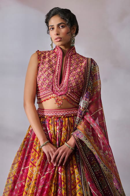 Tarun Tahiliani_Fuchsia Chanderi, , Organza Phulkari Print Lehenga Blouse Set _Online_at_Aza_Fashions