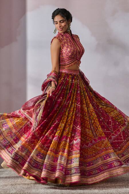 Buy_Tarun Tahiliani_Fuchsia Chanderi, , Organza Phulkari Print Lehenga Blouse Set _Online_at_Aza_Fashions