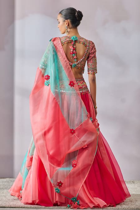 Shop Tarun Tahiliani Multi Color Organza Tassels V-neck Layered Lehenga Embroidered Blouse Set at Aza Fashions Shop_Tarun Tahiliani_Multi Color Organza Tassels V-neck Layered Lehenga Embroidered Blouse Set _at_Aza_Fashions